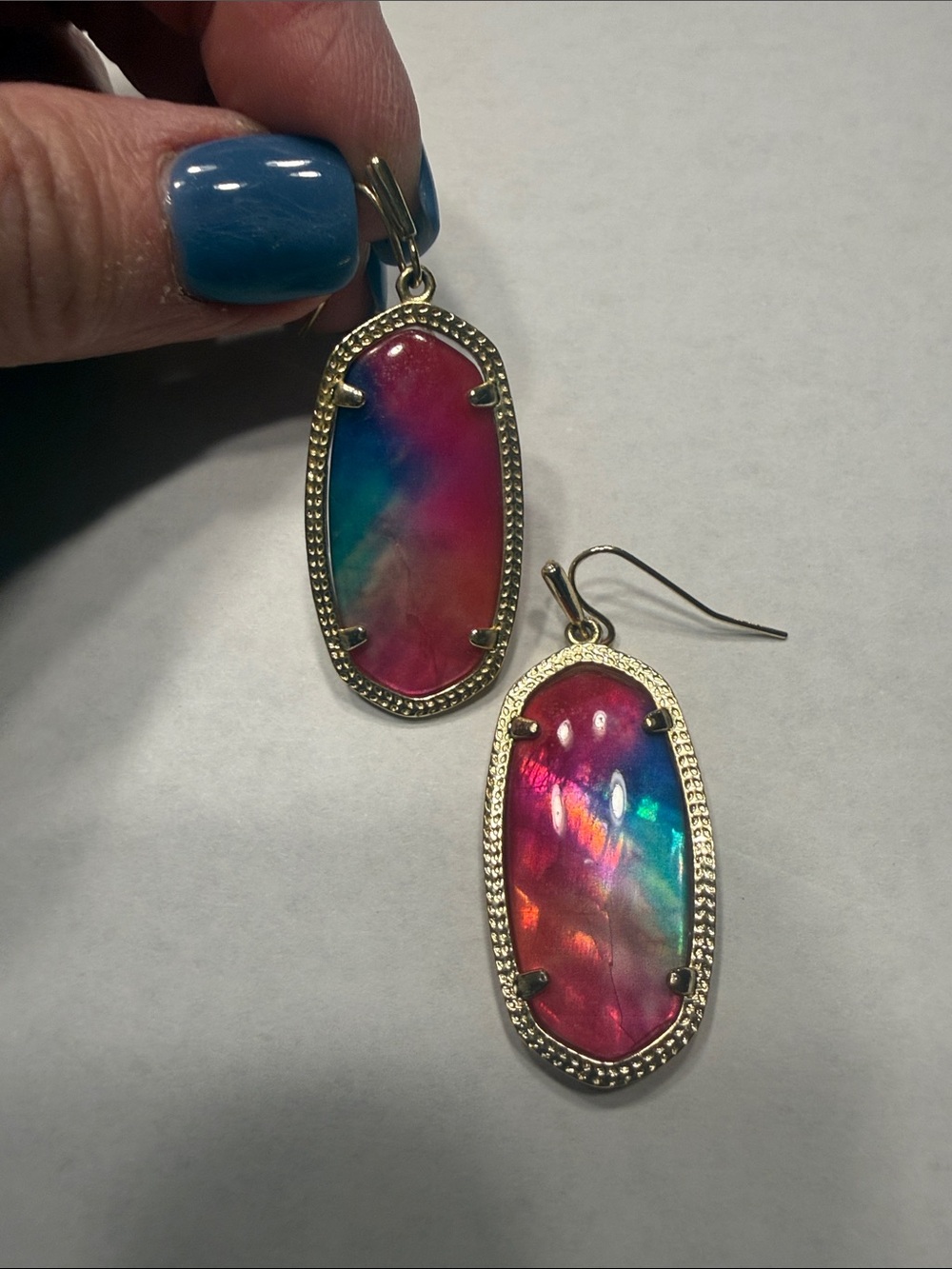 Kendra Scott Iridescent Pink Blue Teal Watercolor Oval Drop Earrings